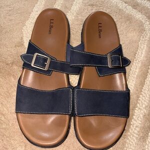 L.L. Bean Navy and Brown Women's Double-Strap Slide Sandals